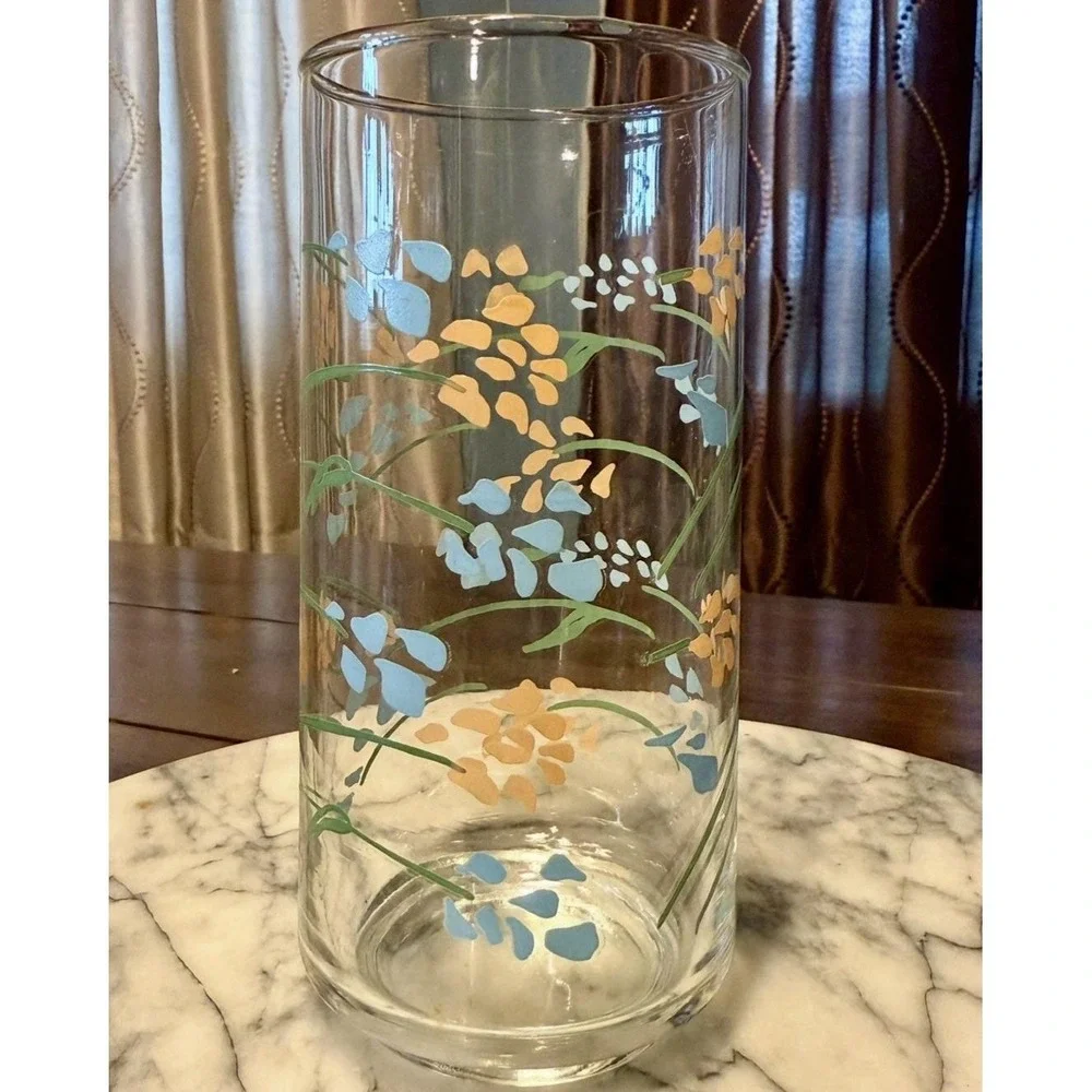 12pc VTG 1950s Mexican Termocrisa Glass Glasses Peach Blue Floral Flowers Mexico